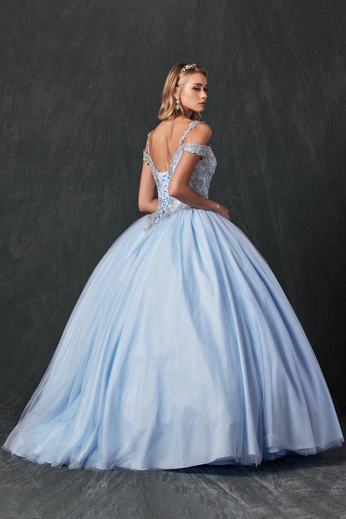Embroidered Applique Tulle Off Shoulder Long Quinceanera Dress JT1430