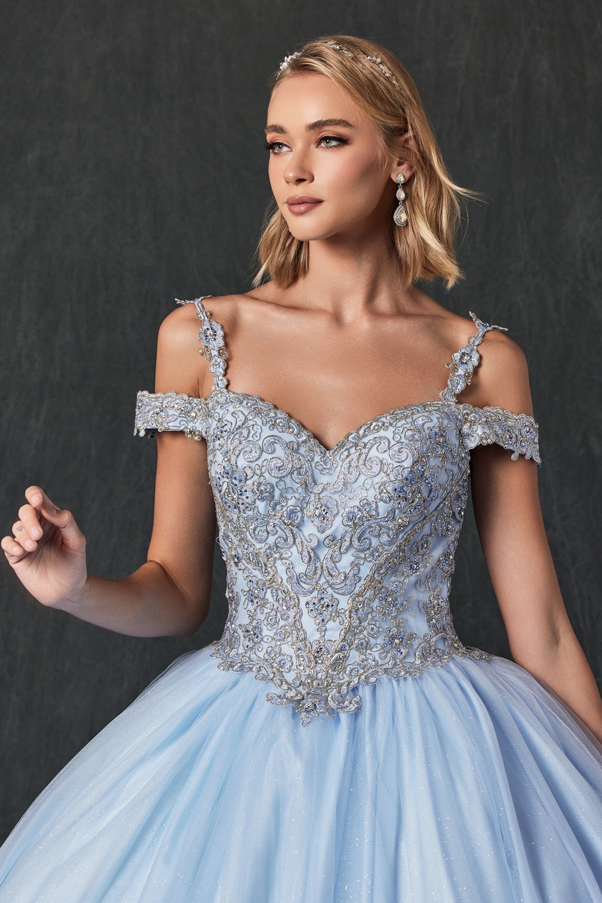 Embroidered Applique Tulle Off Shoulder Long Quinceanera Dress JT1430