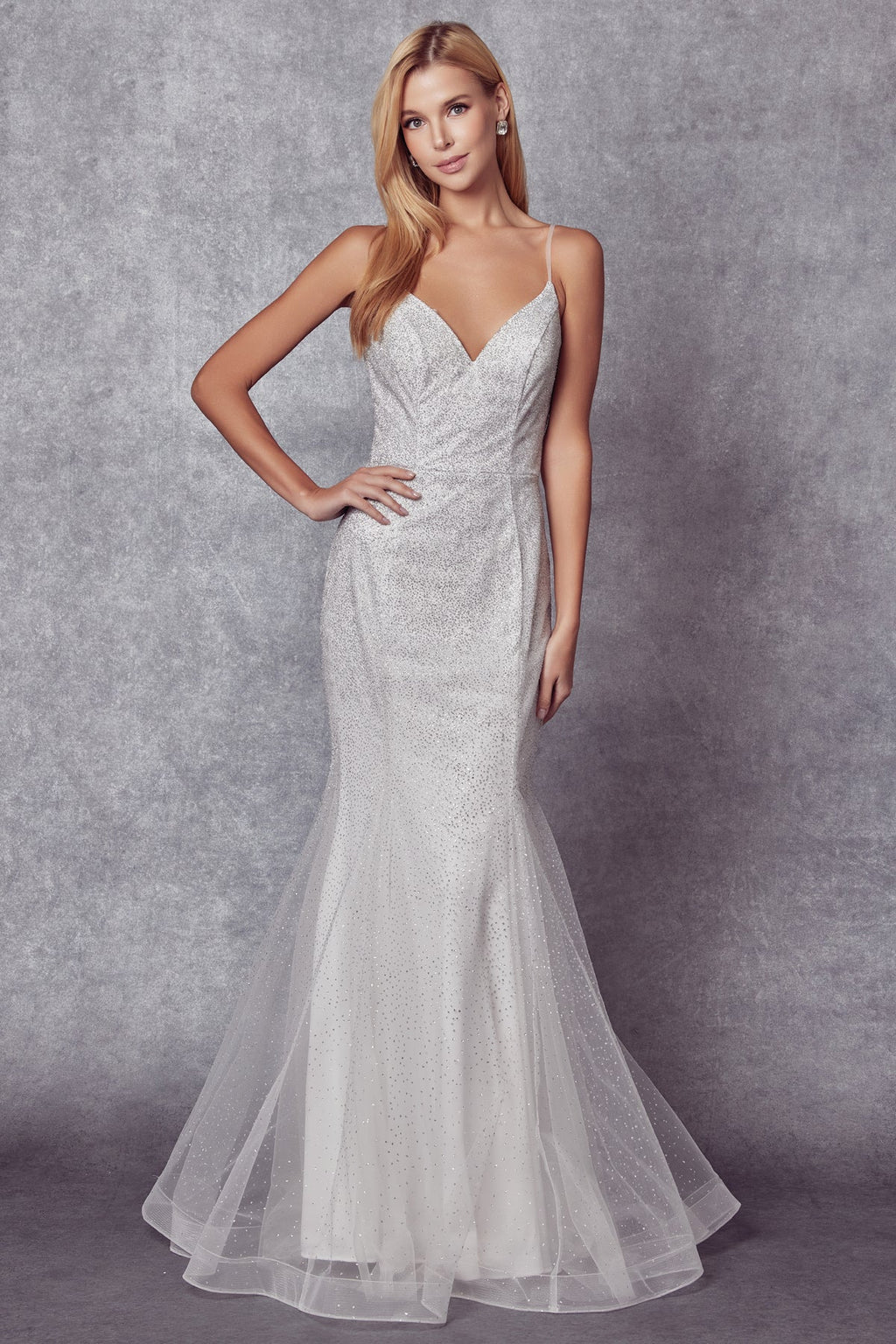 Mermaid Glitter Embellished Festive Gown w/ Spaghetti Straps & Charming V-Neckline JT271