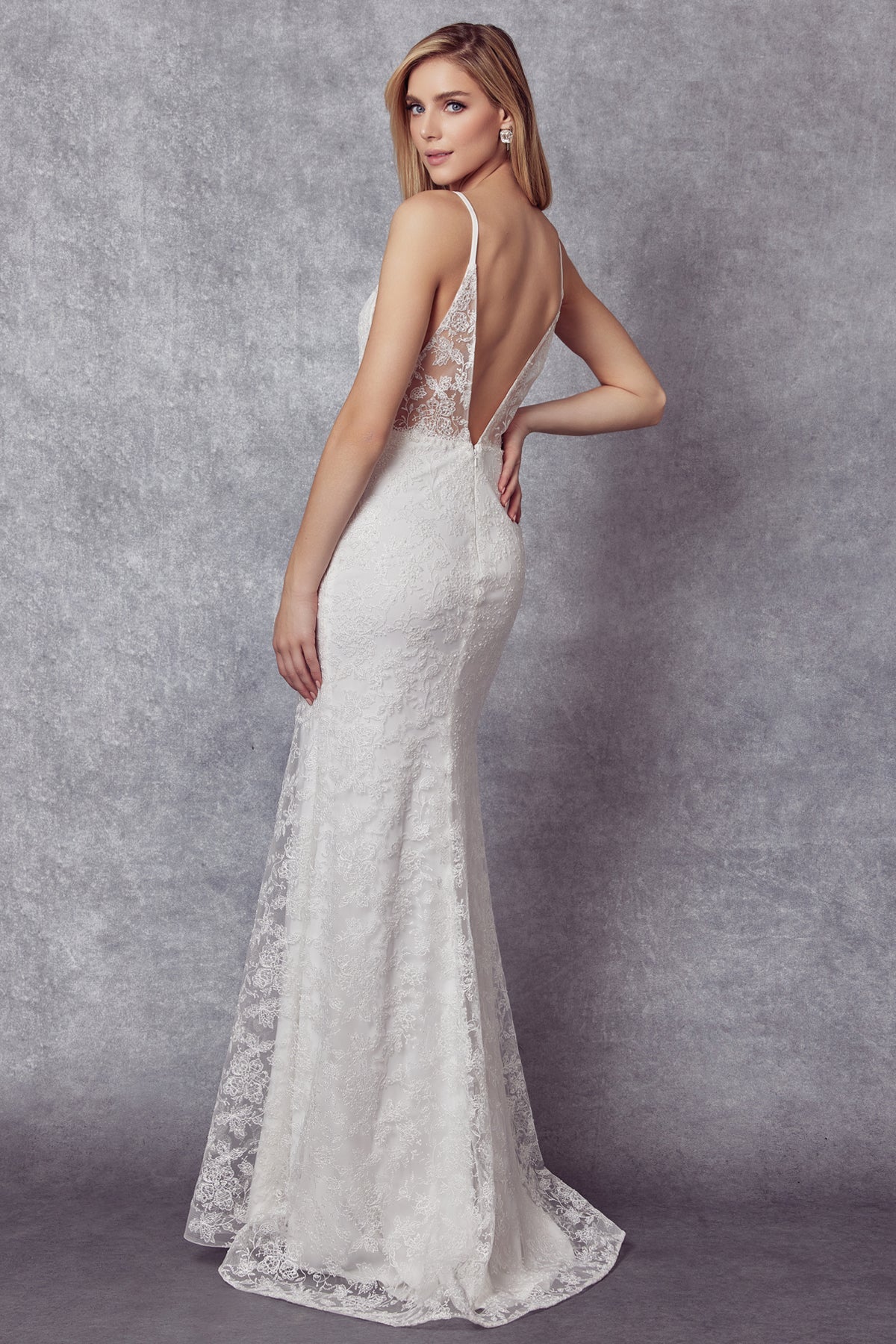 Embroidered Glitter Illusion V-Neck Long Wedding Dress JT272W