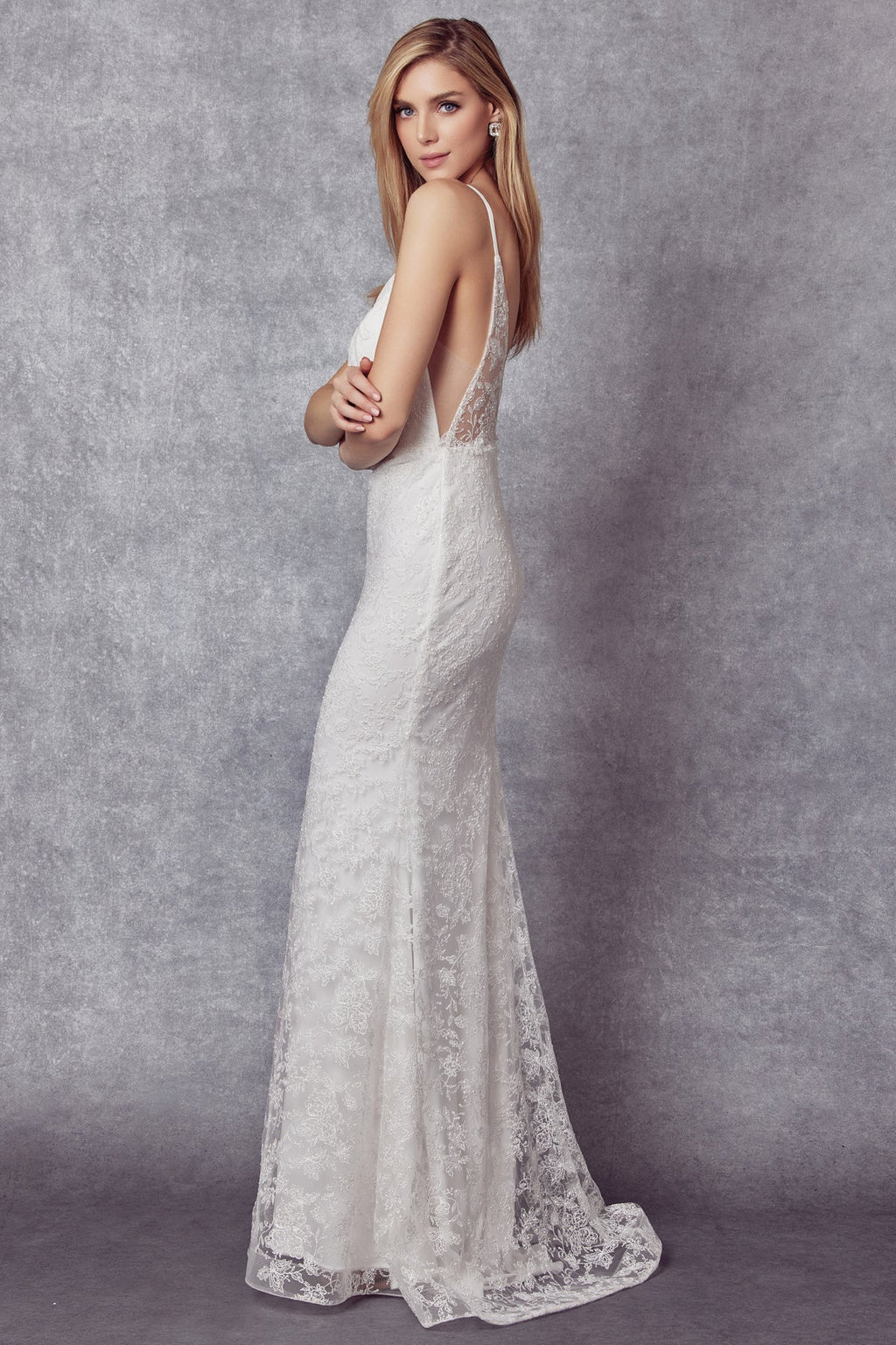 Embroidered Glitter Illusion V-Neck Long Wedding Dress JT272W