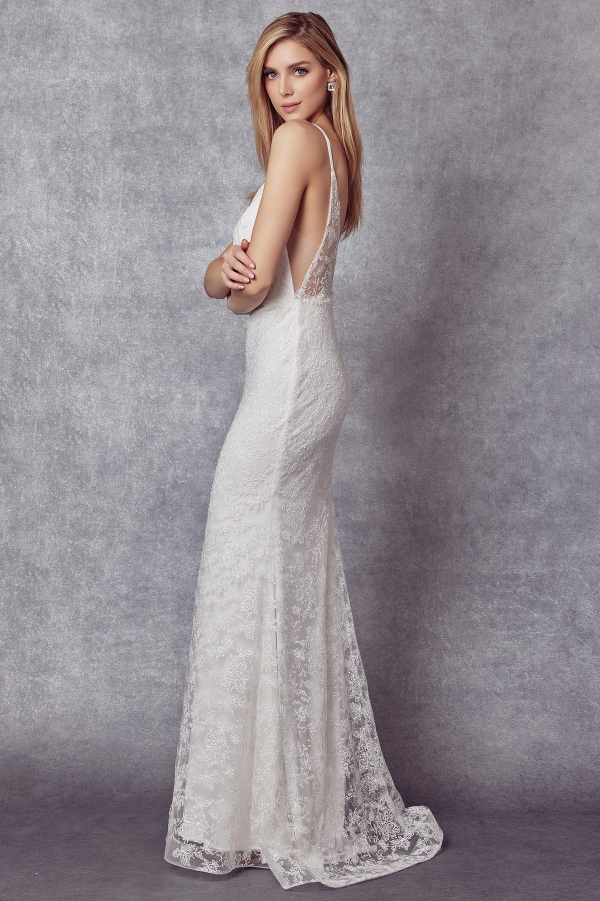 Embroidered Glitter Illusion V-Neck Long Wedding Dress JT272W