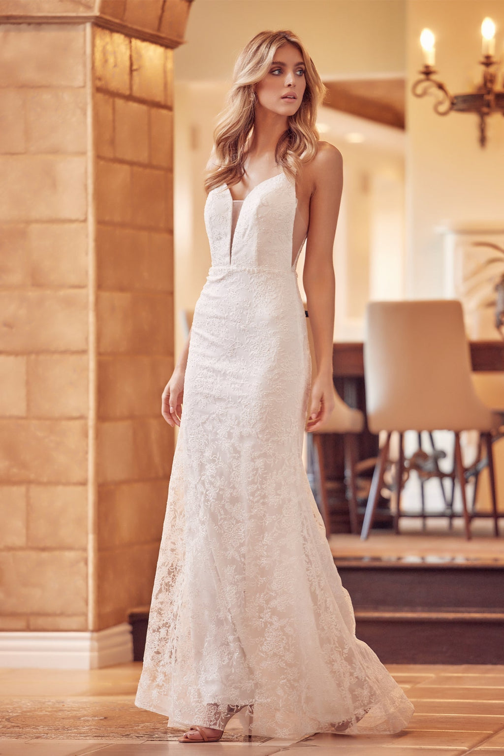 Embroidered Glitter Illusion V-Neck Long Wedding Dress JT272W