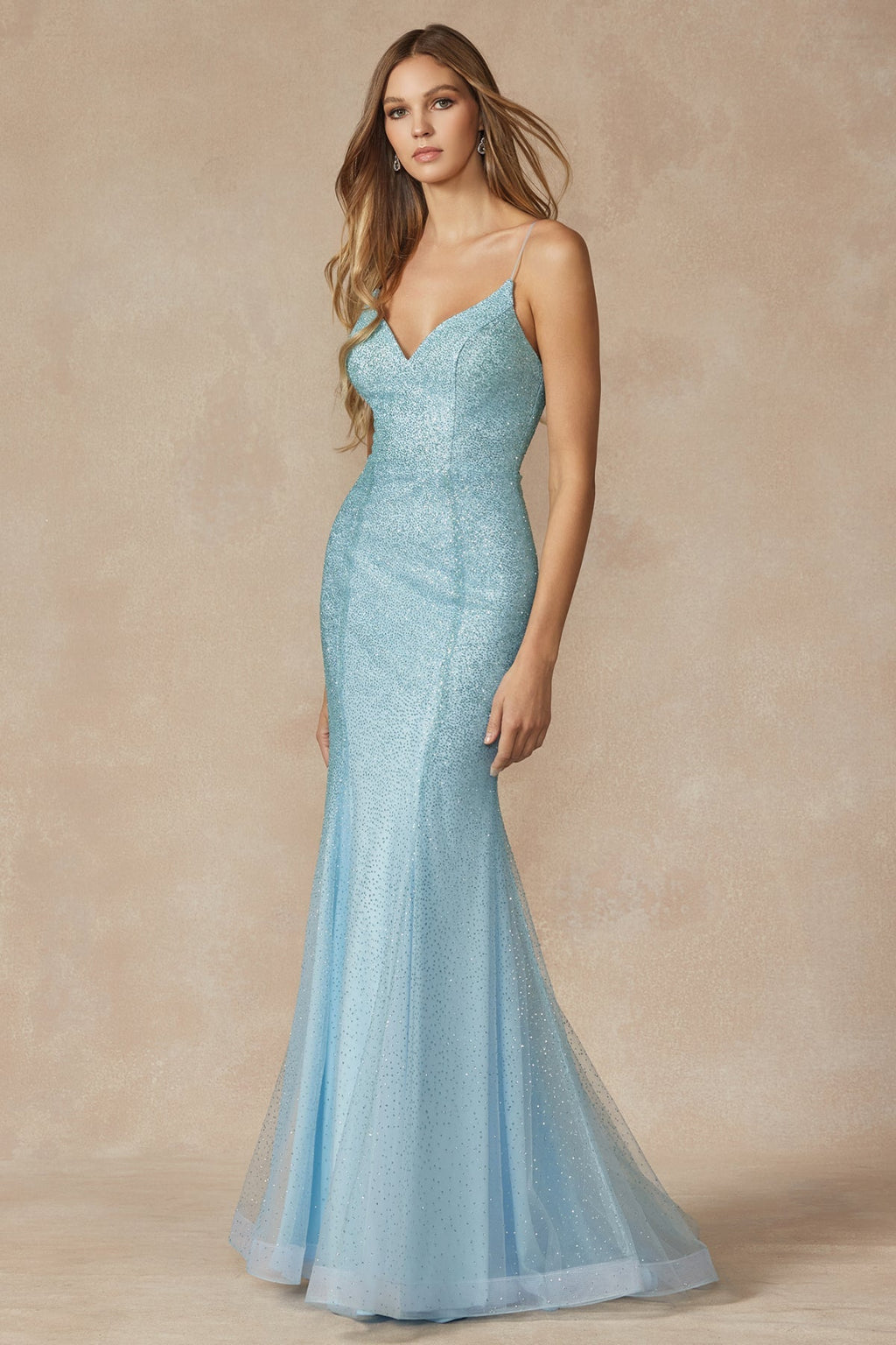 Mermaid Glitter Embellished Festive Gown w/ Spaghetti Straps & Charming V-Neckline JT271