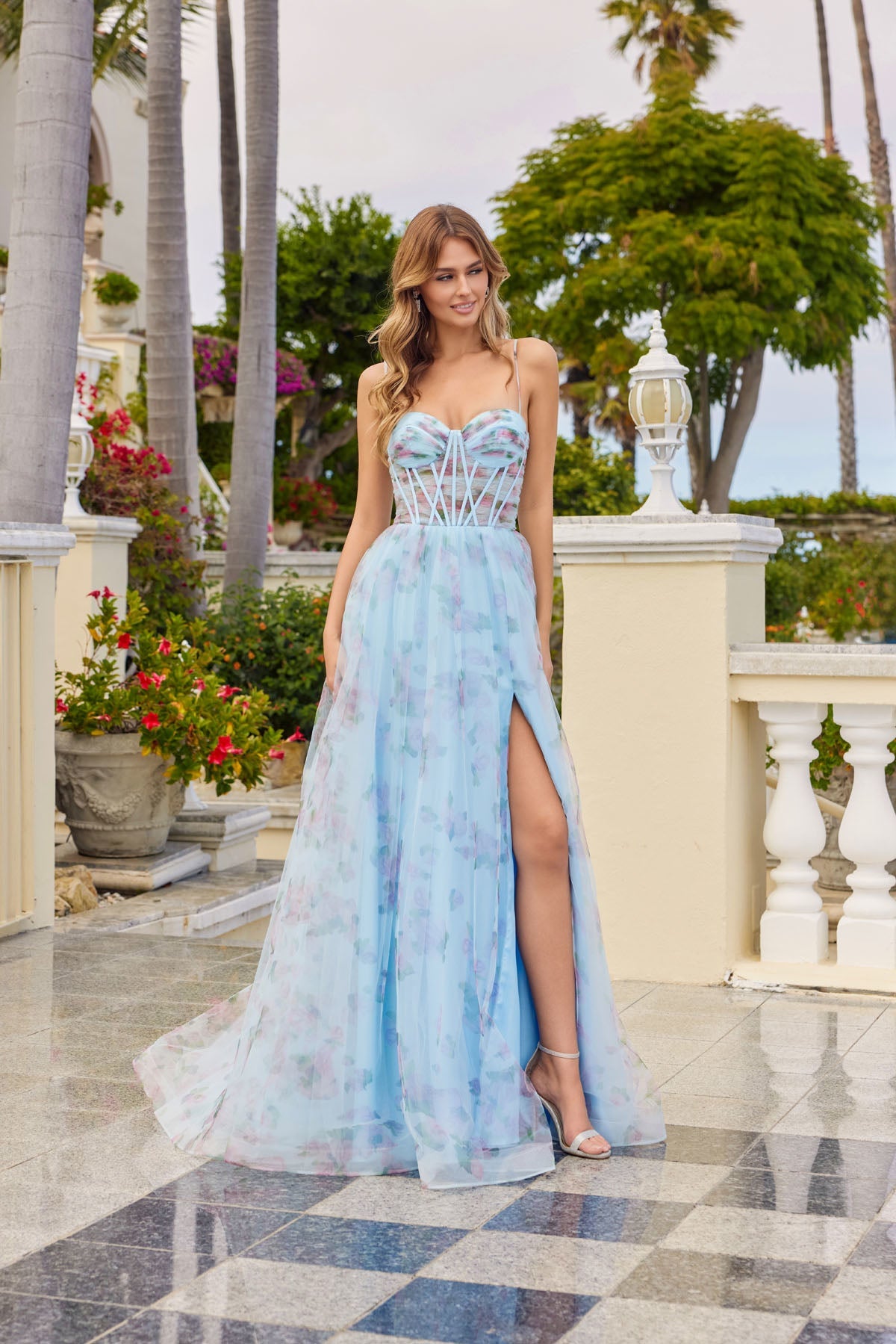 Elegant A-Line Prom Gown w/ Floral Print & Structural Corset Bodice JTJT2562S