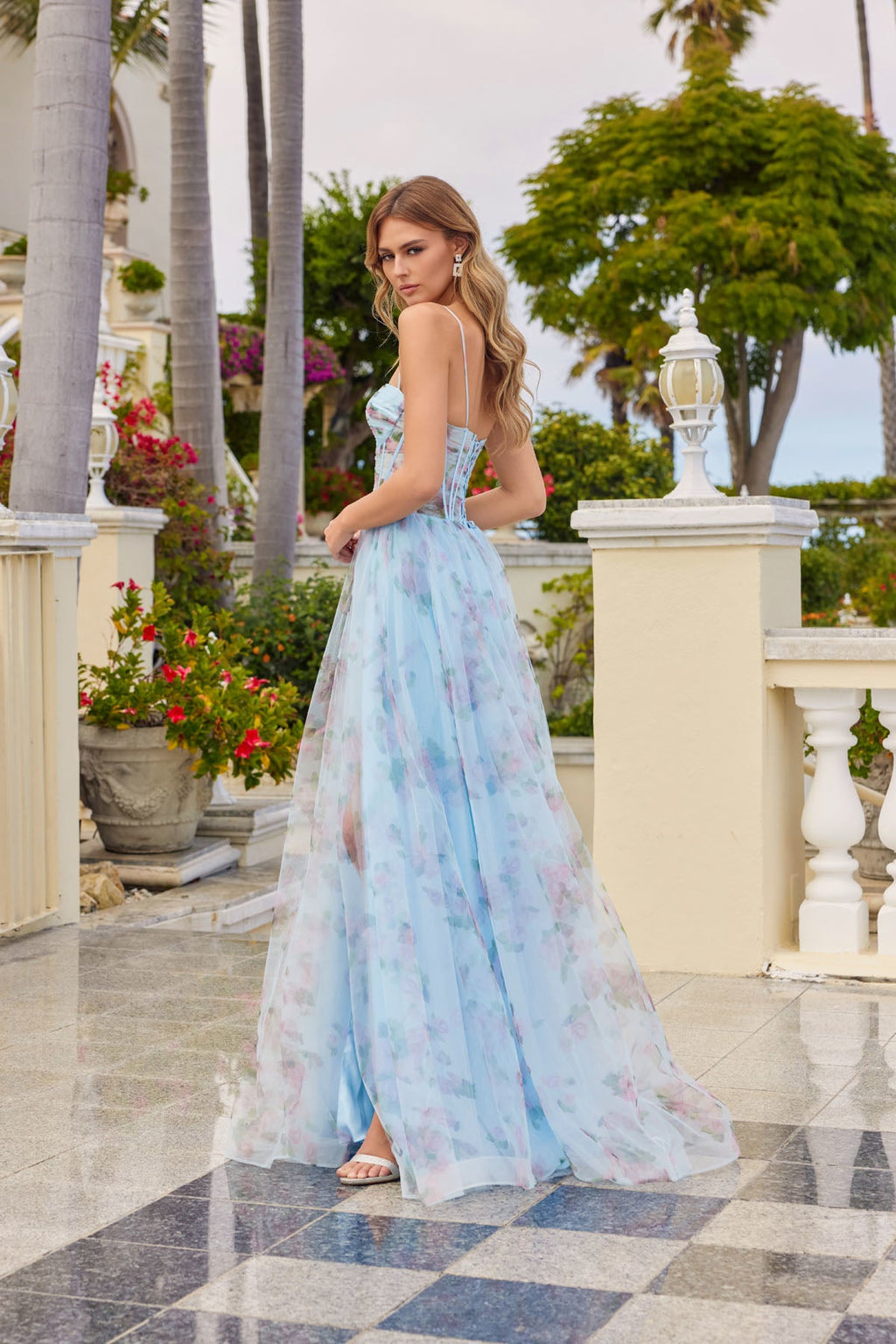 Elegant A-Line Prom Gown w/ Floral Print & Structural Corset Bodice JTJT2562S