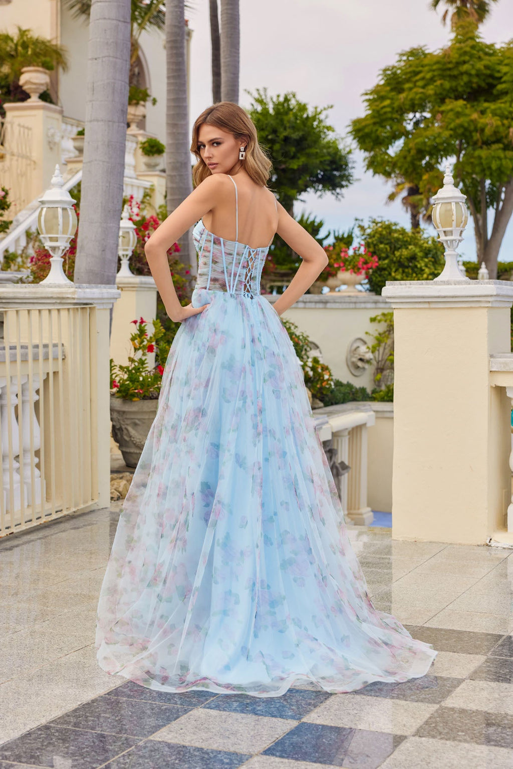 Elegant A-Line Prom Gown w/ Floral Print & Structural Corset Bodice JTJT2562S