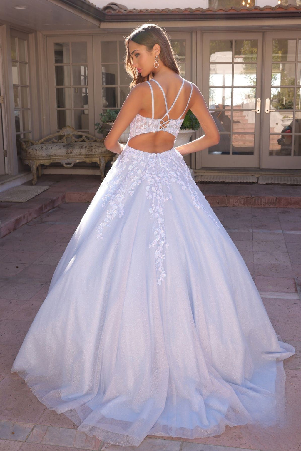 Sparkling Sequins Embellished Ceremonial Ball Gown w/Floral Motif & Lace Up Back NXH1357