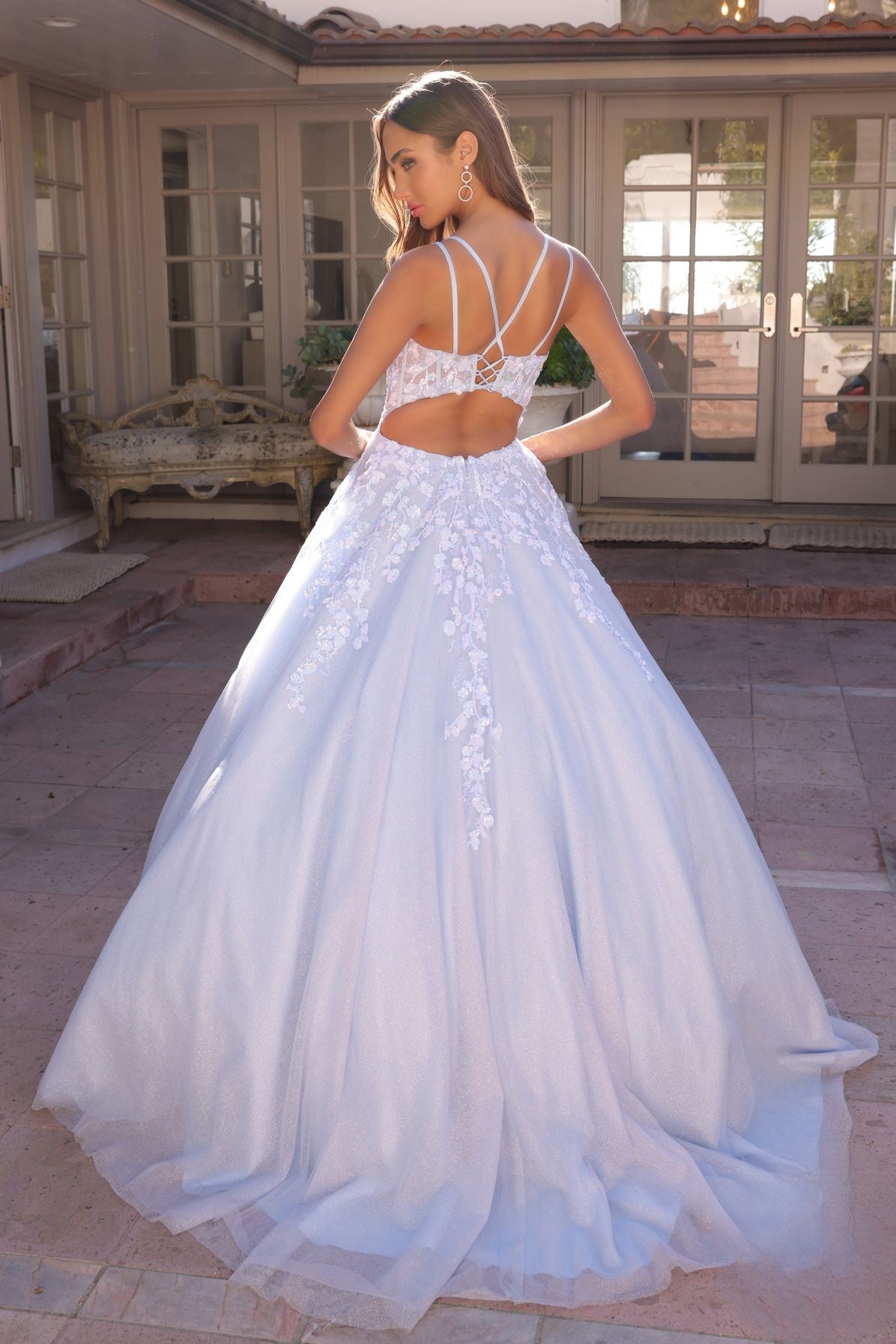 Sparkling Sequins Embellished Ceremonial Ball Gown w/Floral Motif & Lace Up Back NXH1357