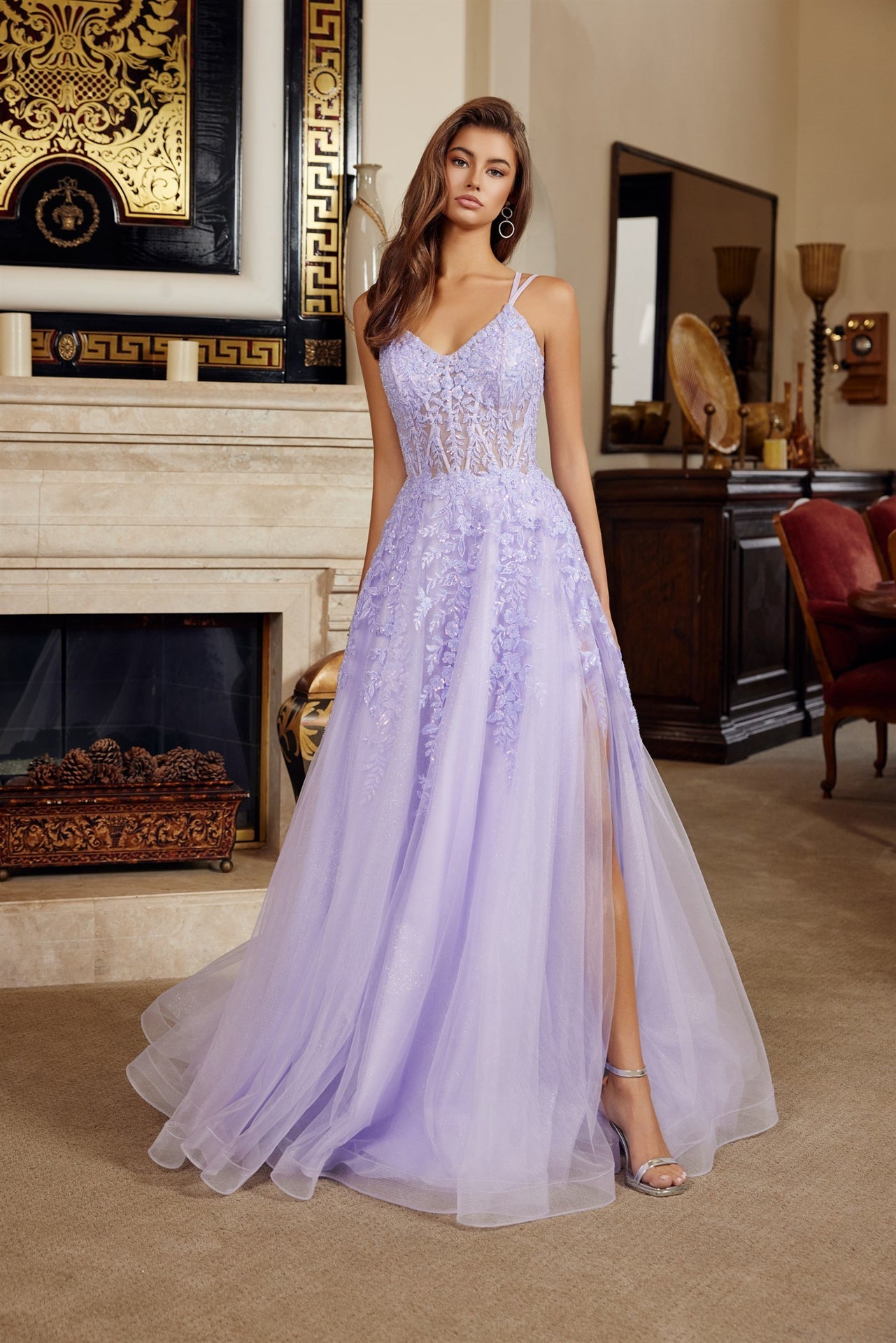 Luminous Striking Elegant Shimmering V-neck Prom Dress w/ Romantic Floral Bodice NXH1882