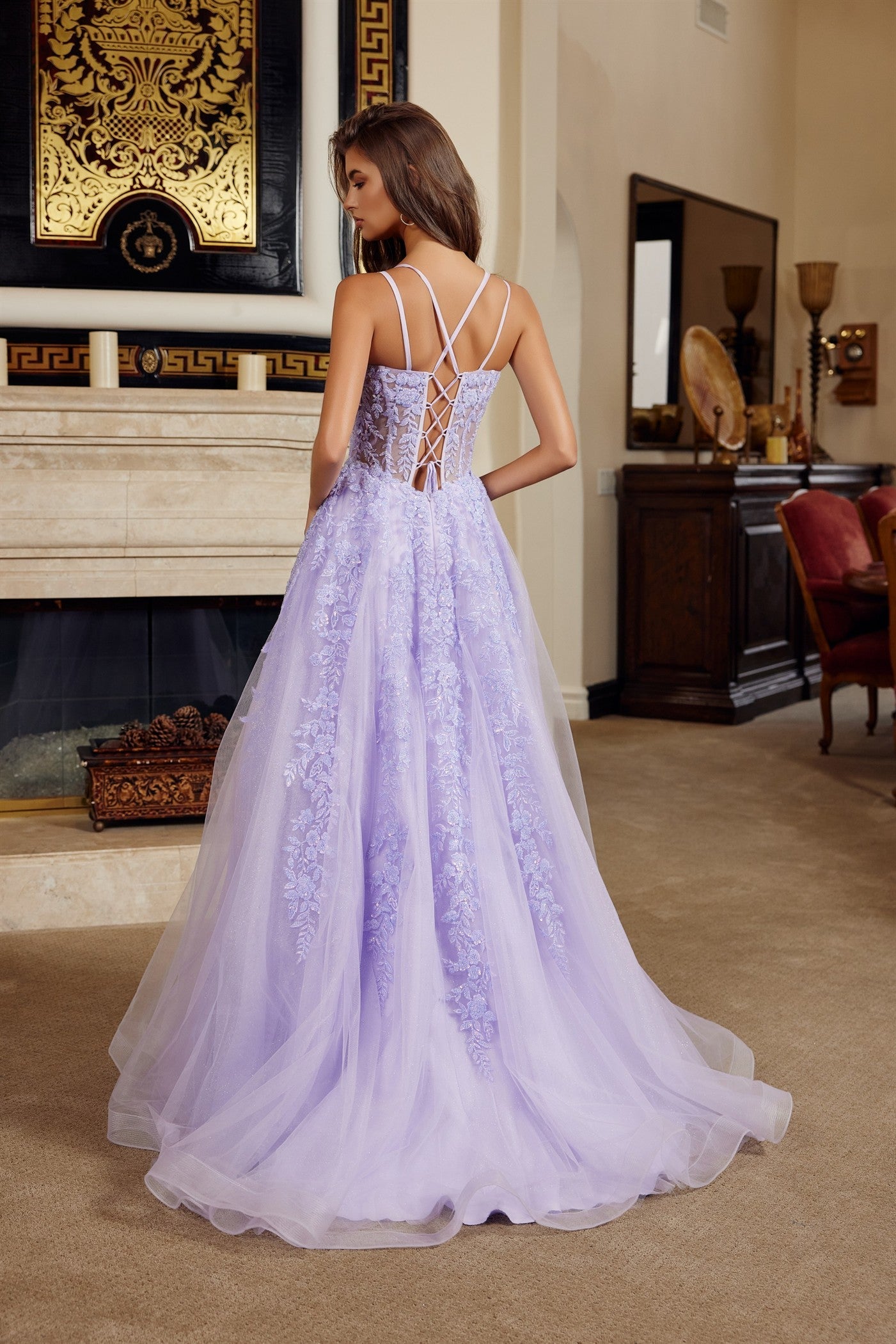 Luminous Striking Elegant Shimmering V-neck Prom Dress w/ Romantic Floral Bodice NXH1882