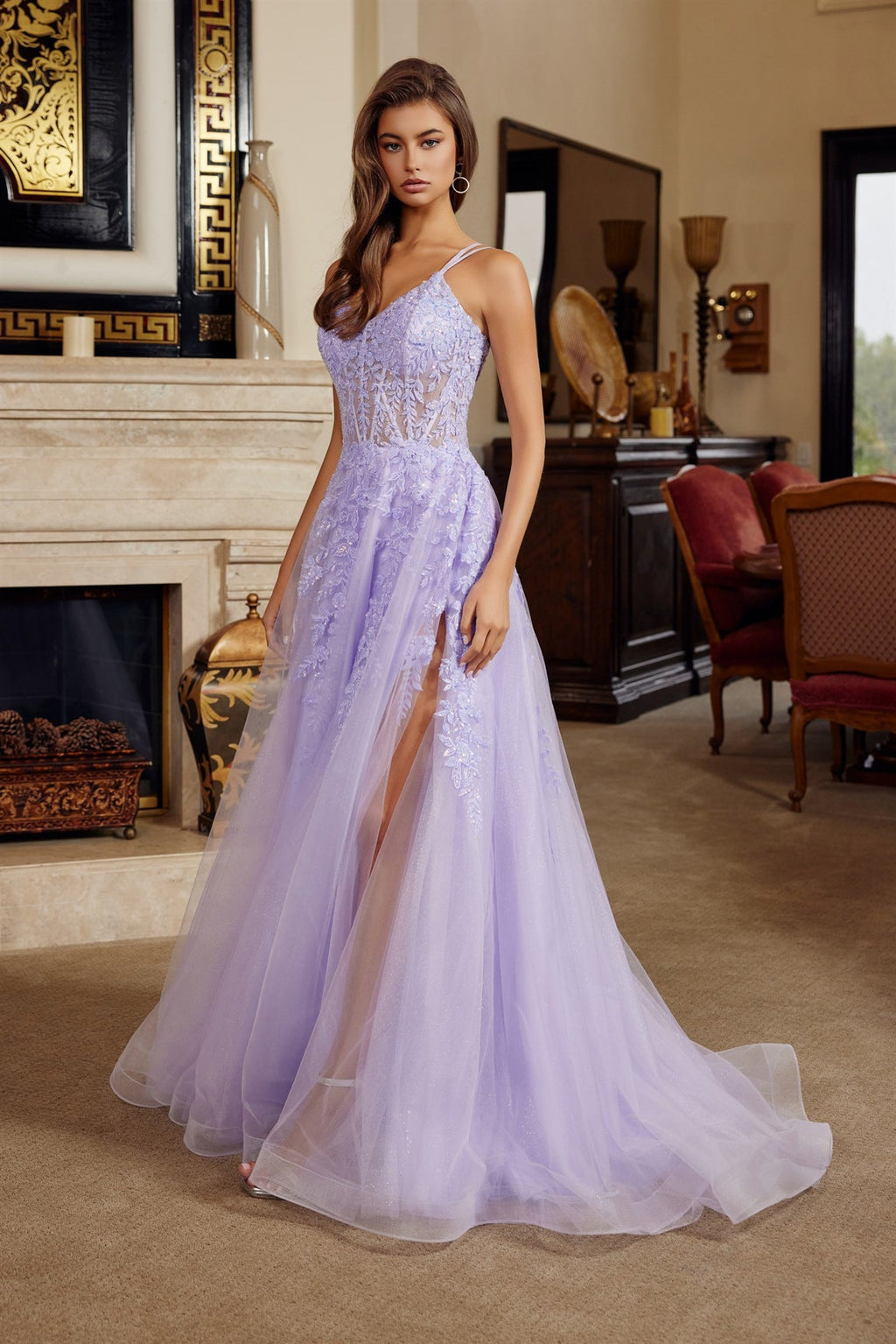 Luminous Striking Elegant Shimmering V-neck Prom Dress w/ Romantic Floral Bodice NXH1882