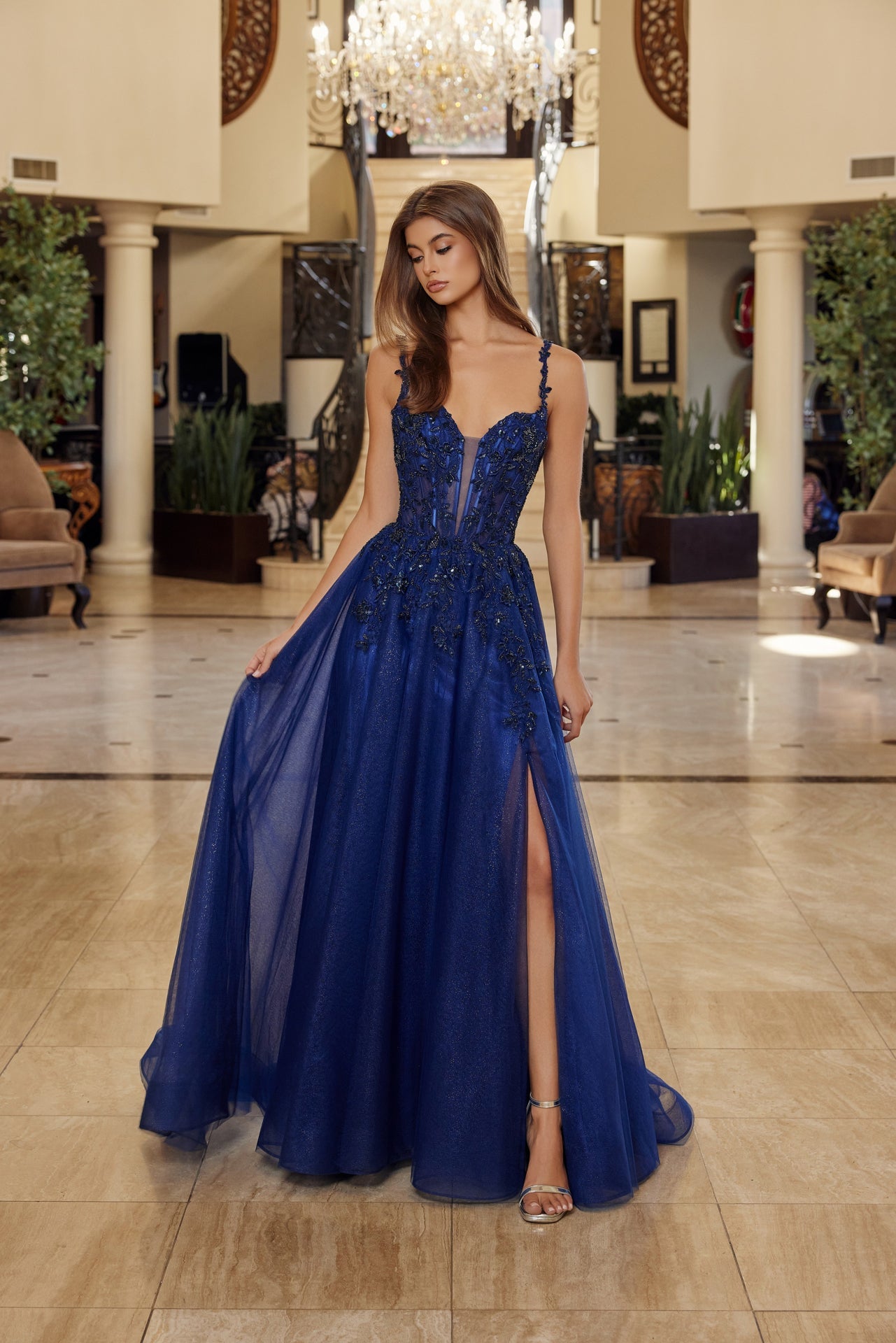 Regal Refined Shimmering Illusion plunging neck Gown for Evening Celebration NXR1824