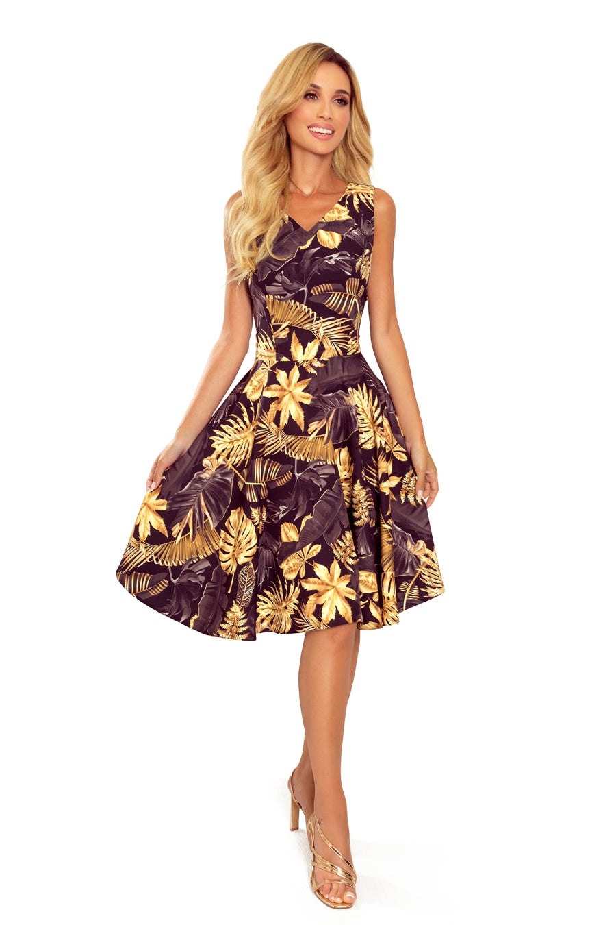 Numoco 114-13 Flared dress - heart-shaped neckline - Golden leaves