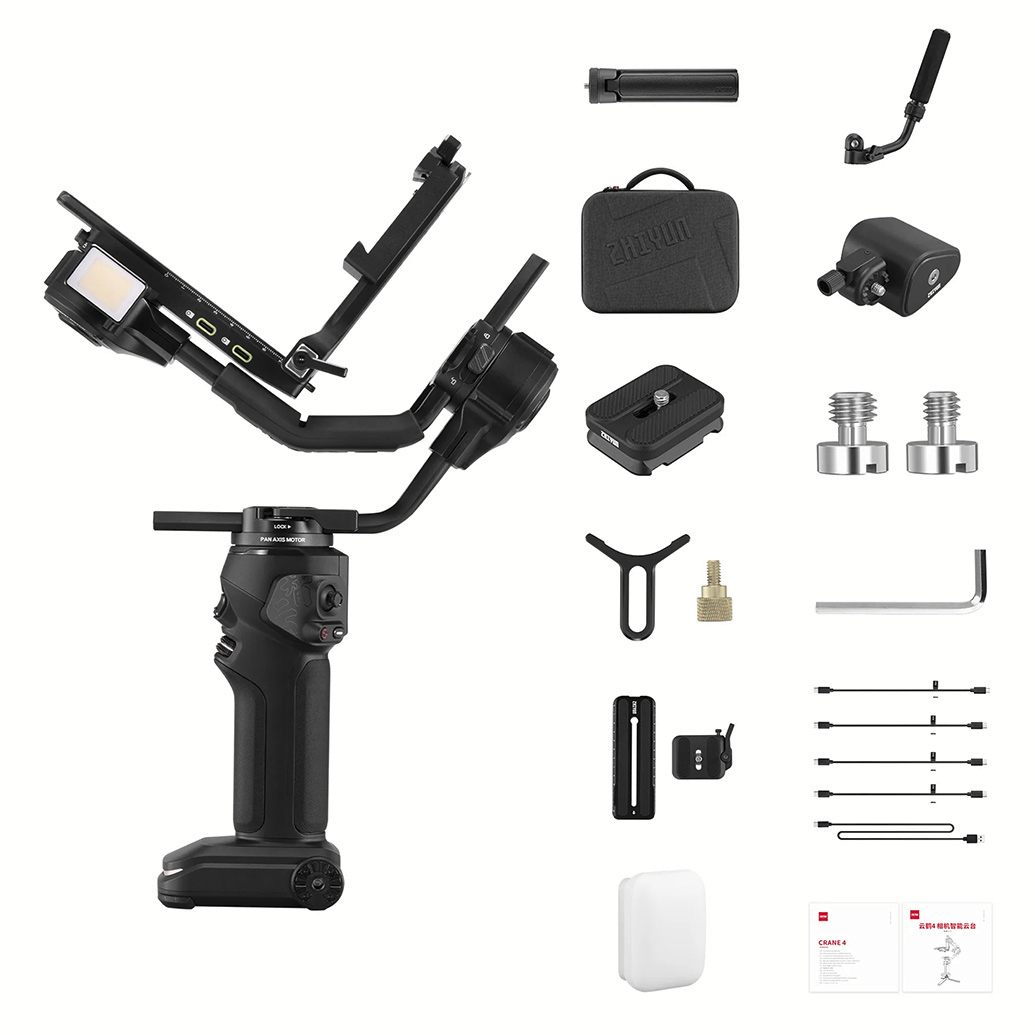Стабилизатор с 3 оси Zhiyun Crane 4 Combo, ръкохватка Sling Grip, опора за китката, статив, вградена светлина, OLED сензорен екран, двоен проследяващ фокус, и