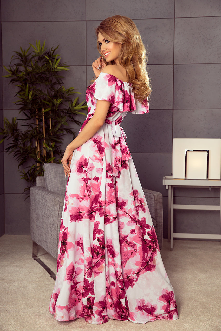 Numoco 194-2 Long dress with frill - big pink flowers