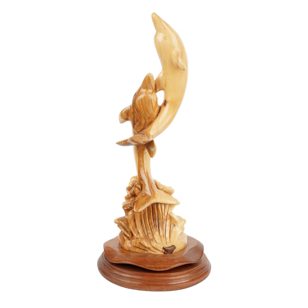 Two dolphins carved from olive wood – Hand-carved sculpture from Bethlehem (32 cm)