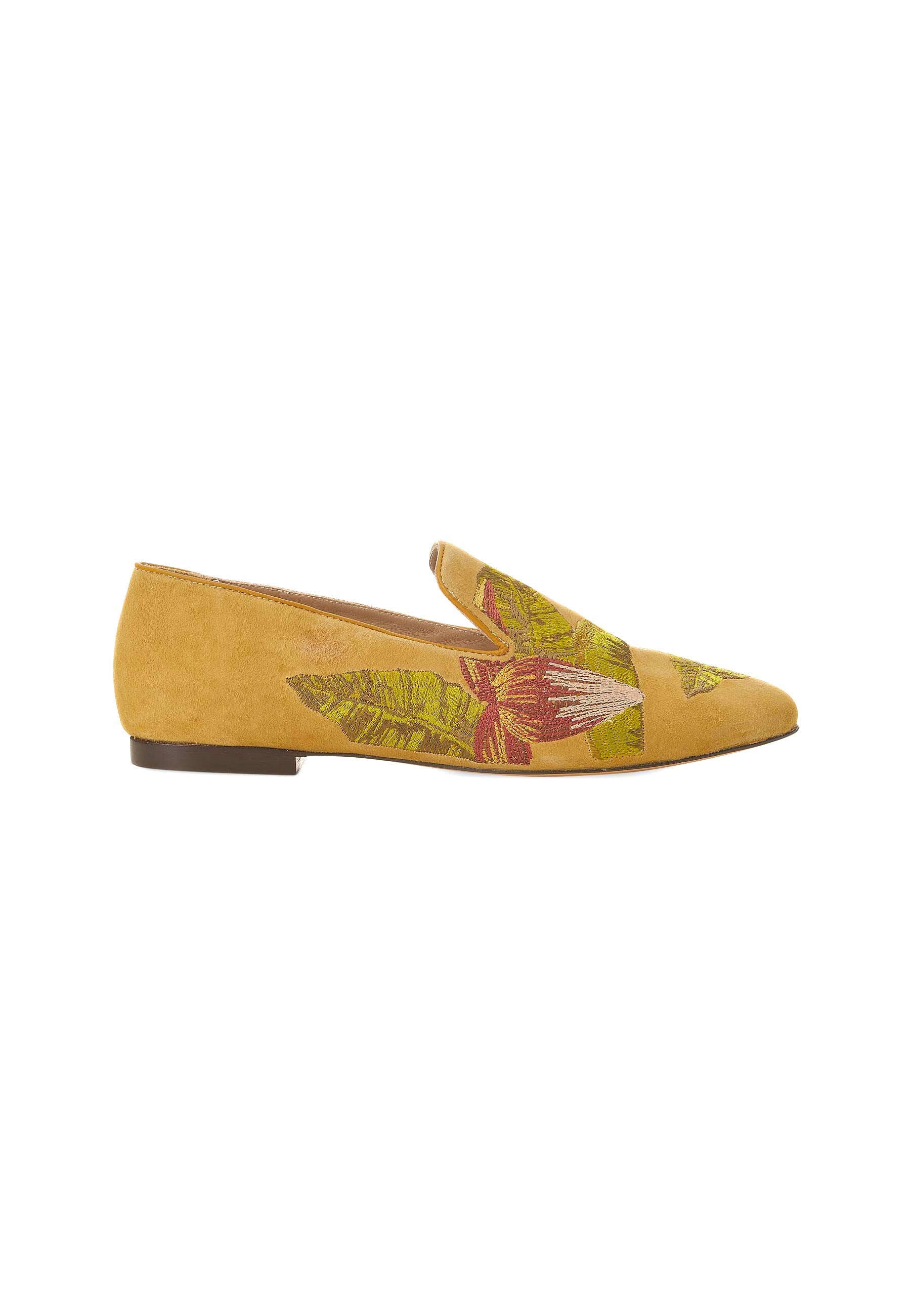 Green Suede Embroidered Loafers – Elegant Women’s Flat Shoes