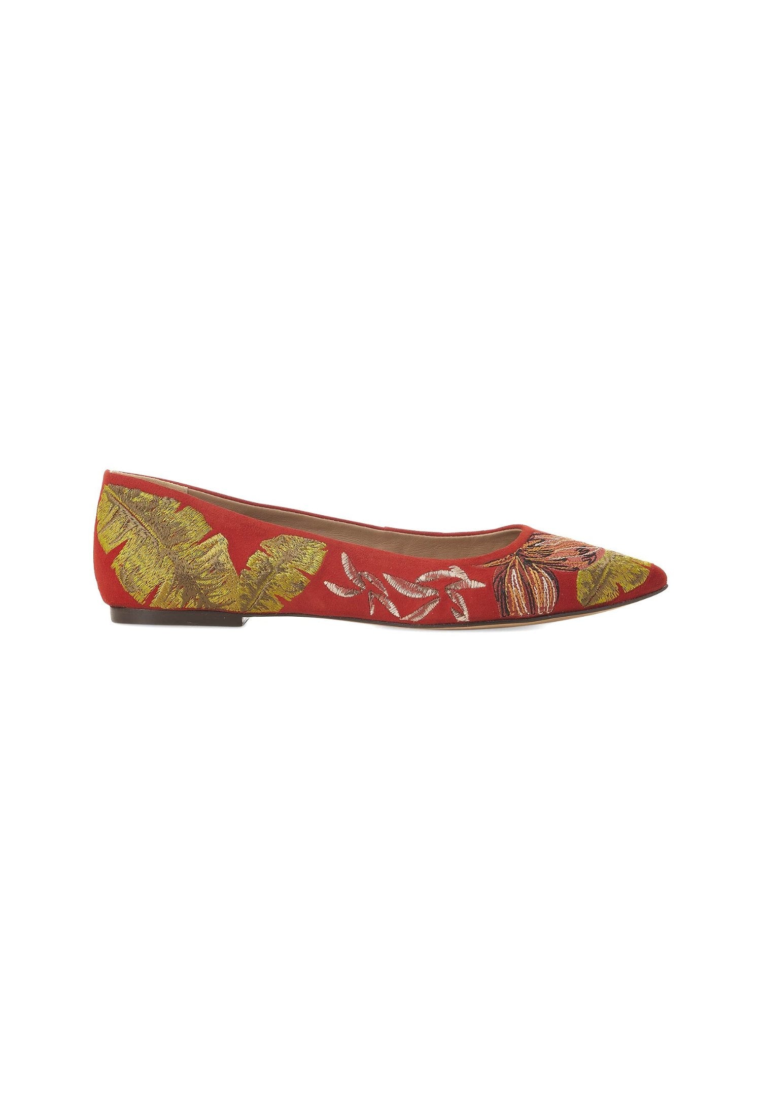 Red Suede Embroidered Ballerinas – Elegant Women’s Flat Shoes