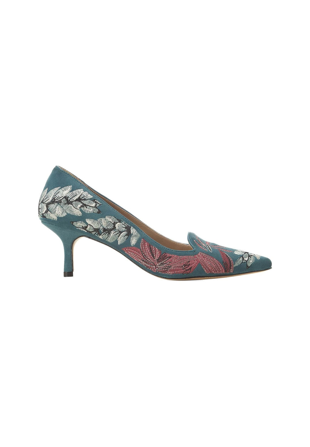 Gray Suede Embroidered Pumps – Kitten Heel Style