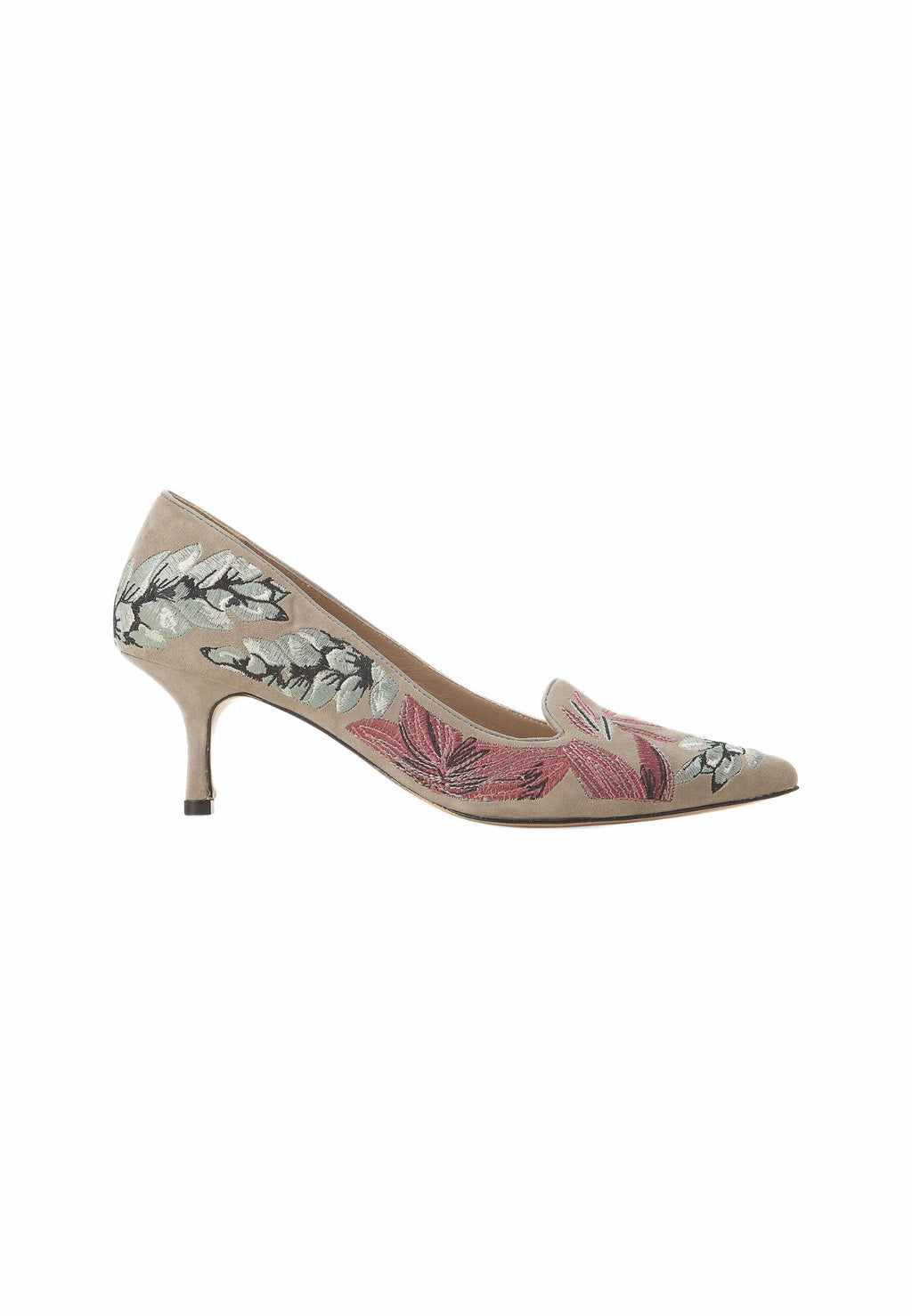 Gray Suede Embroidered Pumps – Kitten Heel Style