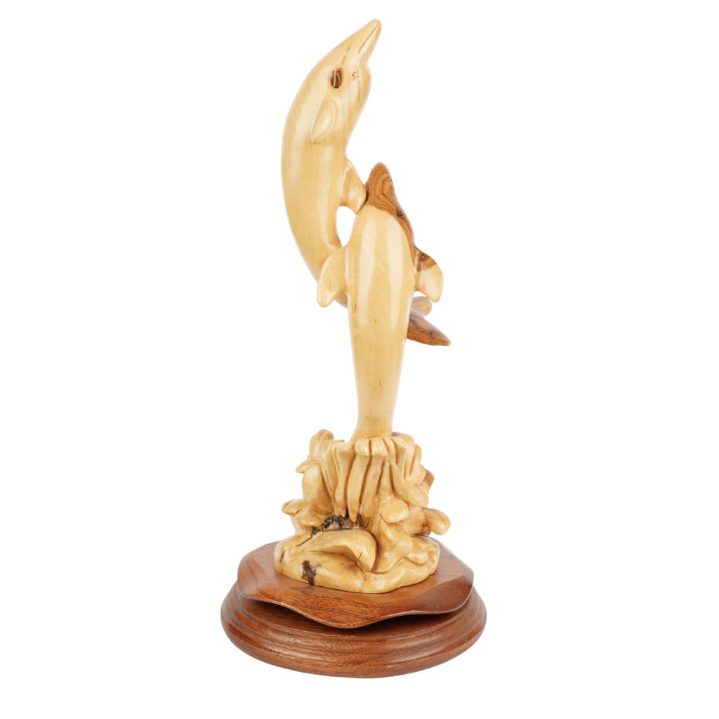 Two dolphins carved from olive wood – Hand-carved sculpture from Bethlehem (32 cm)