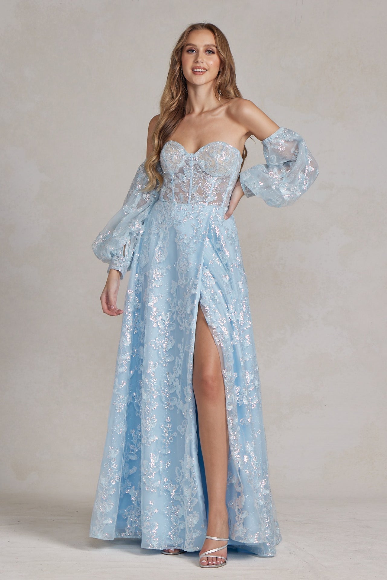 Off The Shoulder Stunning Gown w/ Sequins Embroidery & Long Puff Sleeves NXK1155