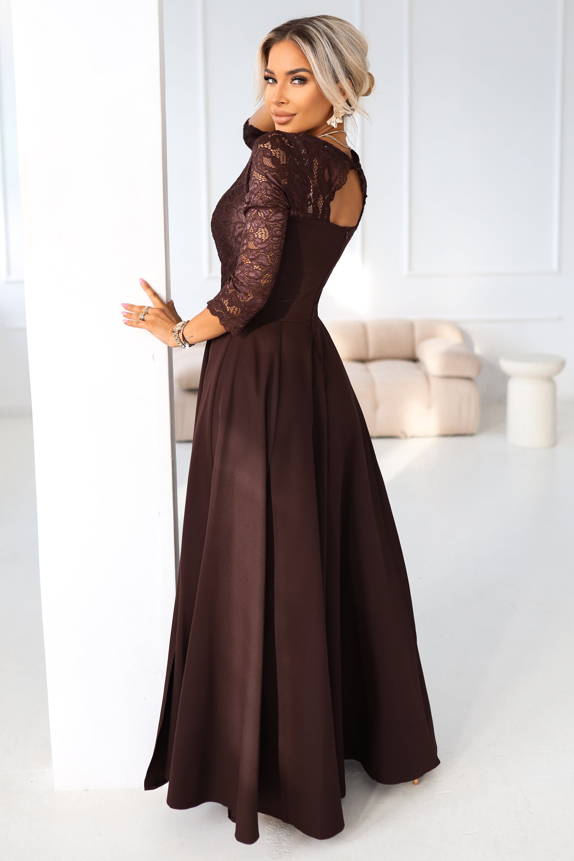 Numoco 309-14 AMBER elegant long lace dress with a neckline - chocolate
