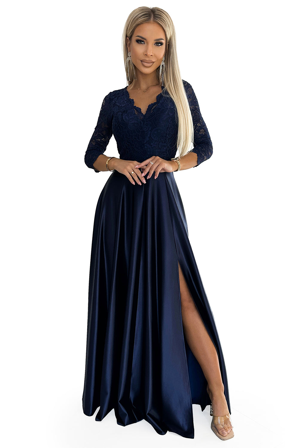 Numoco 309-7 AMBER lace long satin dress with a neckline - dark blue