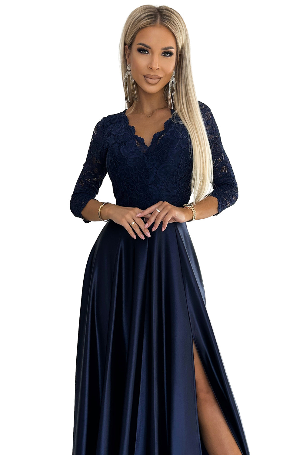 Numoco 309-7 AMBER lace long satin dress with a neckline - dark blue