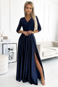 Numoco 309-7 AMBER lace long satin dress with a neckline - dark blue