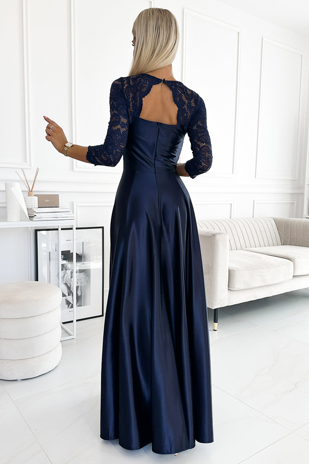 Numoco 309-7 AMBER lace long satin dress with a neckline - dark blue