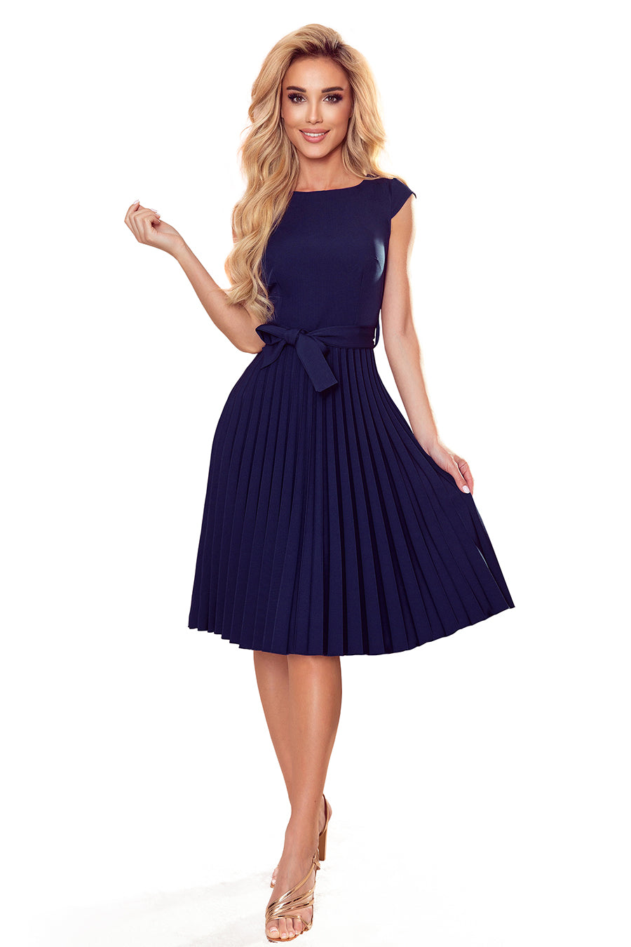 Numoco 311-12 LILA Pleated dress with short sleeves - dark blue