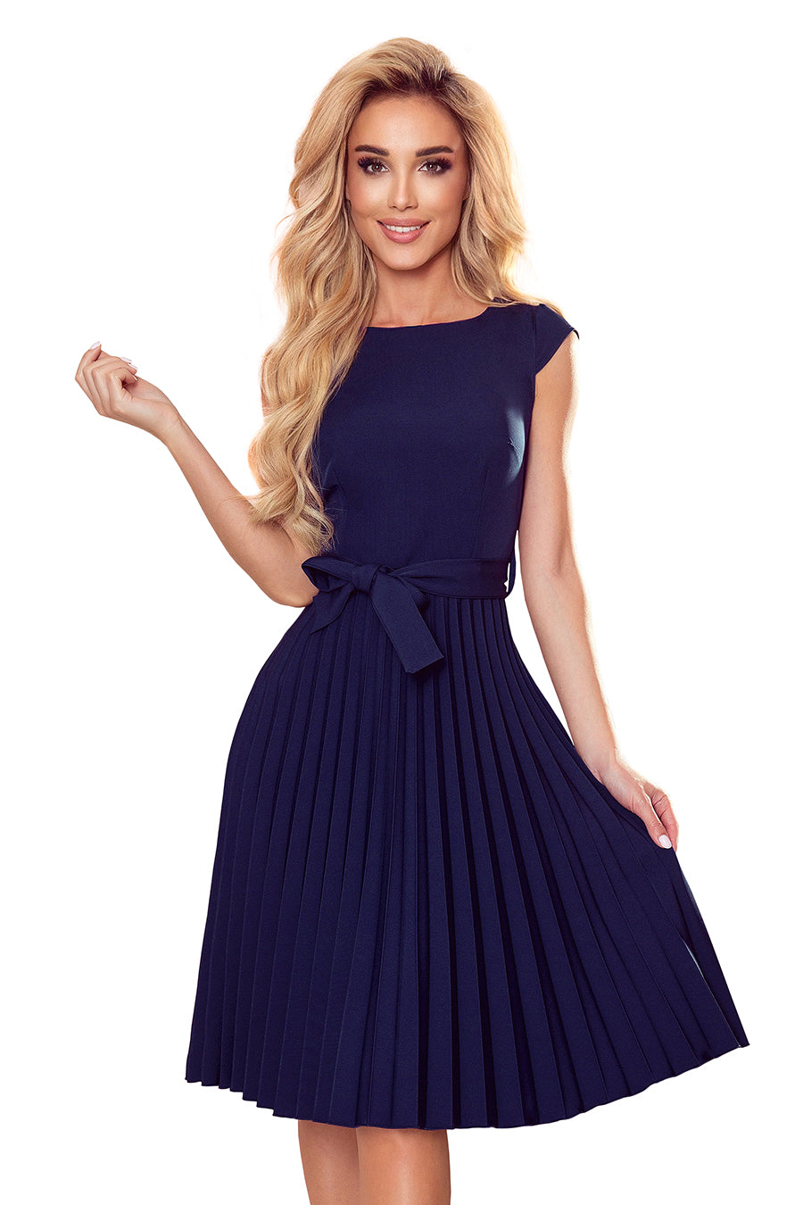Numoco 311-12 LILA Pleated dress with short sleeves - dark blue