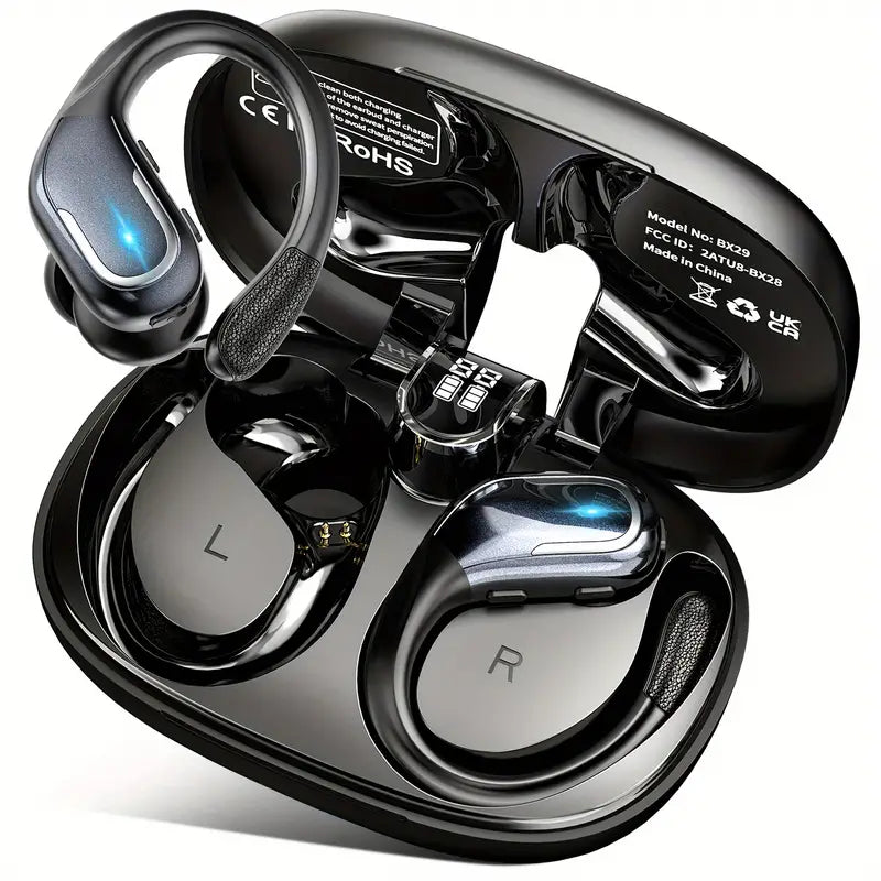 Wireless Sports Earbuds with Pure Bass Sound and LED Display - Black