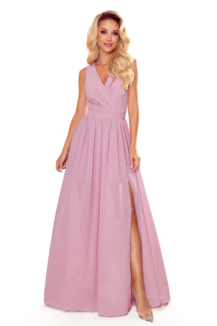 Numoco 362-3 JUSTINE Long dress with a neckline and a tie - dirty pink