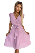 Numoco 374-3 POLINA Pleated dress with a neckline and frills - dirty pink