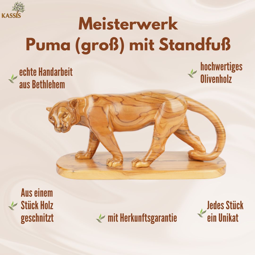 Hand-carved puma made of olive wood (large) – Exclusive wooden sculpture from Bethlehem (14x30 cm)