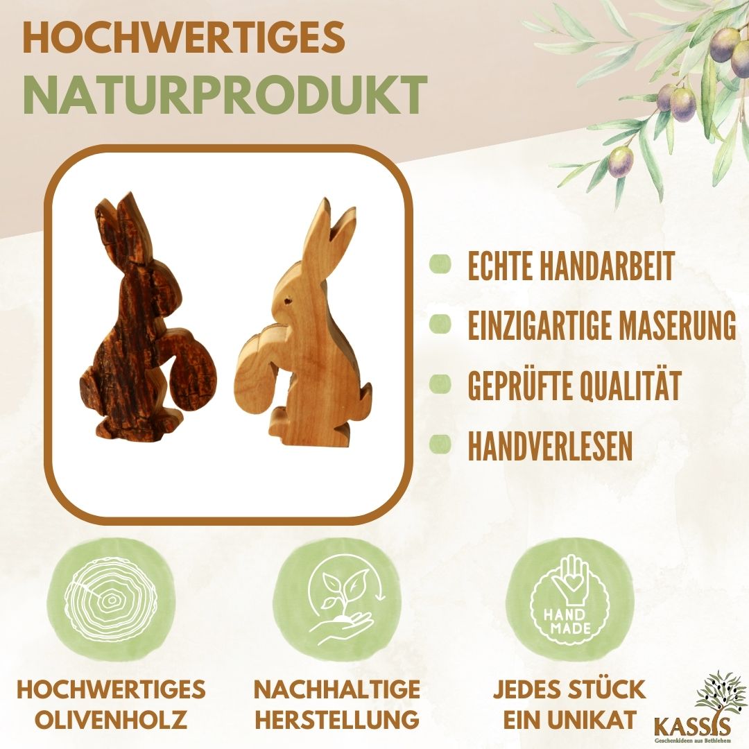 Easter decoration Easter bunny with egg Table decoration made of olive wood (with bark)