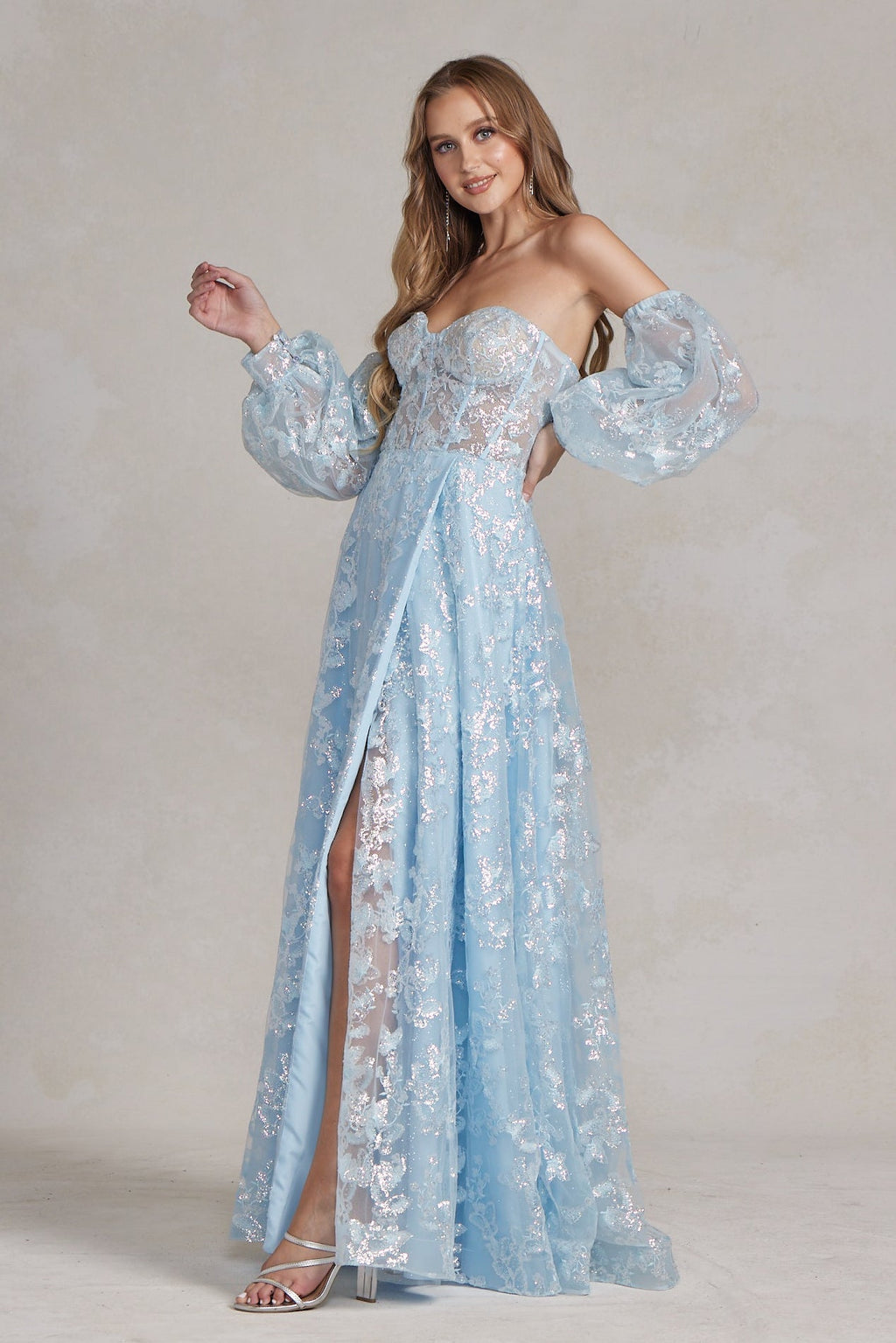 Off The Shoulder Stunning Gown w/ Sequins Embroidery & Long Puff Sleeves NXK1155