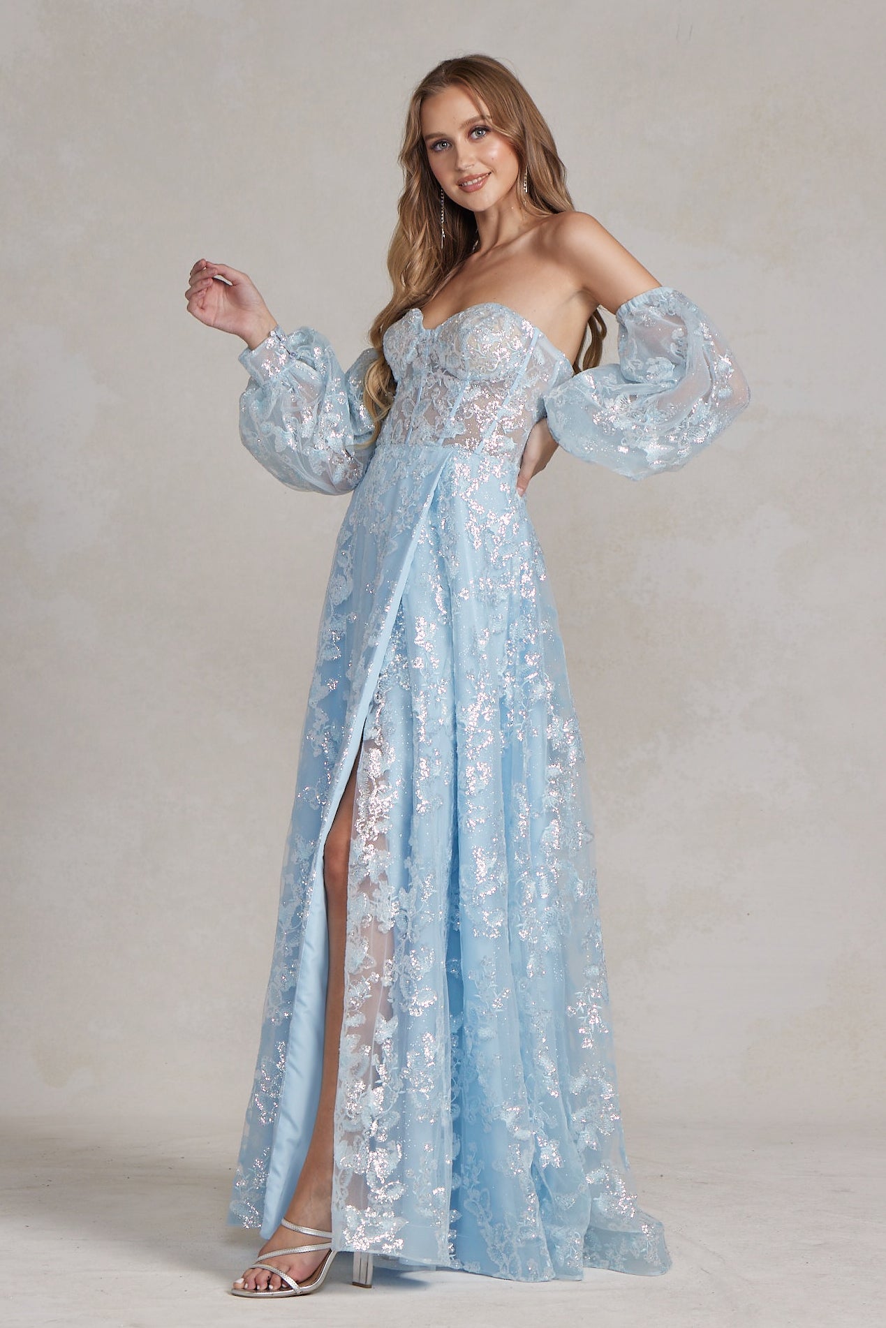 Off The Shoulder Stunning Gown w/ Sequins Embroidery & Long Puff Sleeves NXK1155