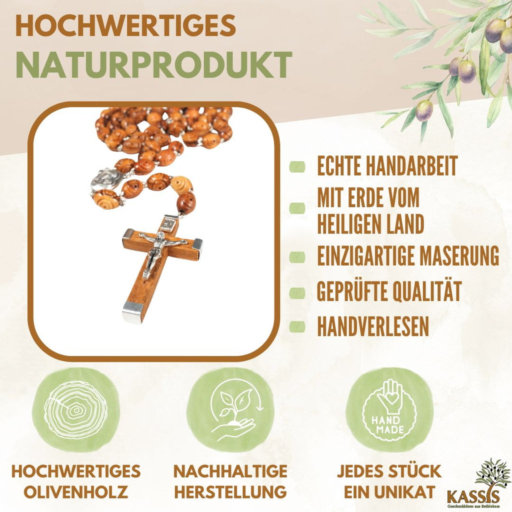 Rosenkranz aus Olivenholz mit dekorierten Perlen (50 cm) | Gebetskette mit Kreuz als Geschenk zur Taufe, Kommunion & Firmung