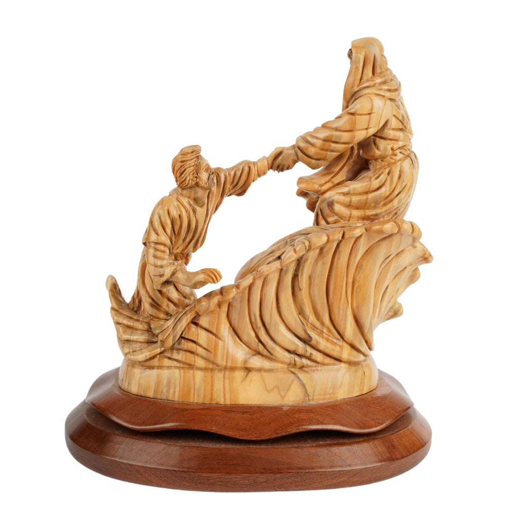 Handgeschnitzte Szene „Jesus rettet Petrus“ – Exklusive Olivenholzskulptur aus Bethlehem (23 cm)