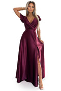Numoco 411-10 CRYSTAL satin long dress with a neckline - Burgundy color