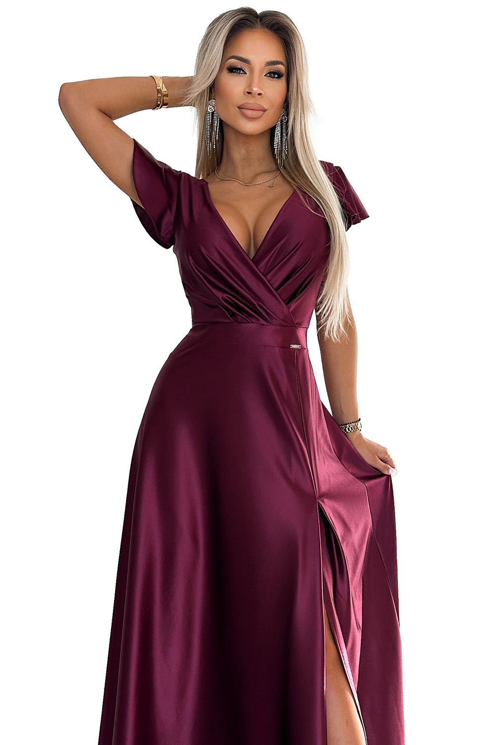 Numoco 411-10 CRYSTAL satin long dress with a neckline - Burgundy color