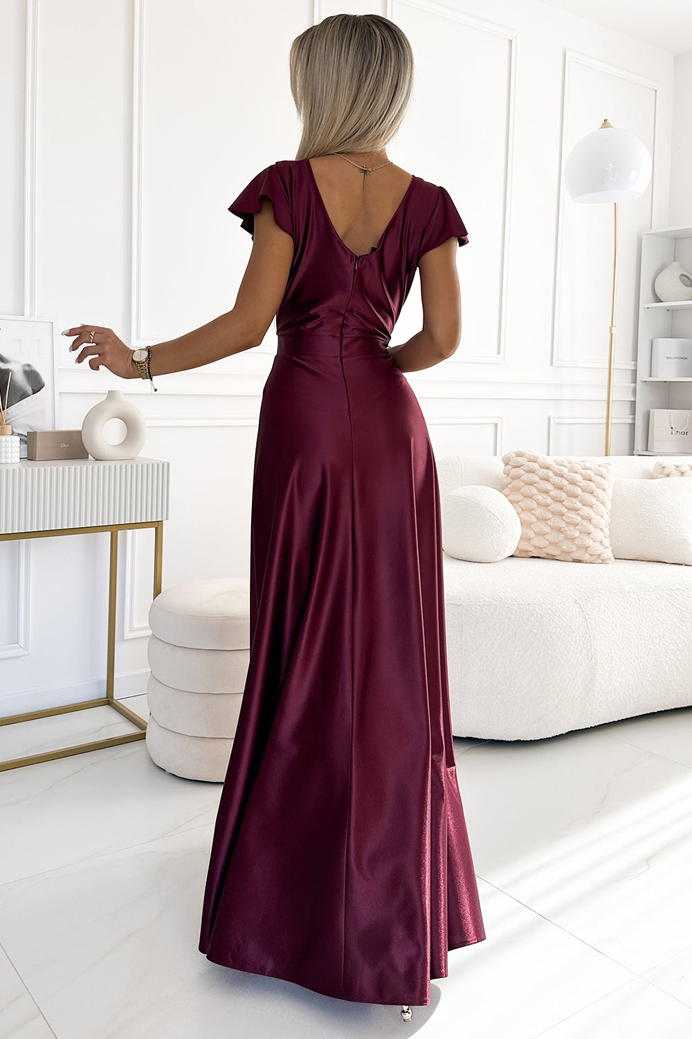 Numoco 411-10 CRYSTAL satin long dress with a neckline - Burgundy color
