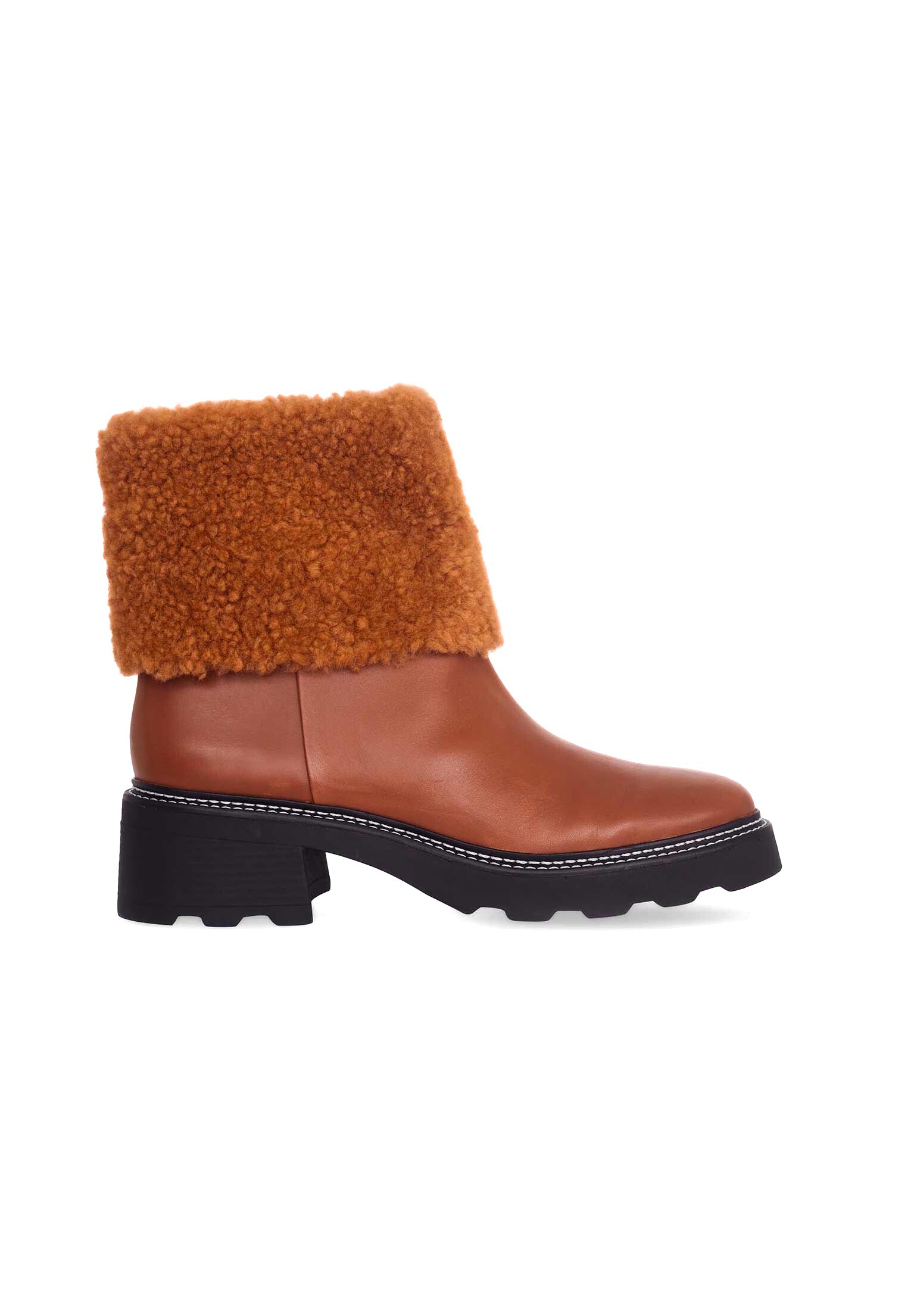 Black Leather Ankle Boots Andira – Women’s Block Heel Boots with Decorative Shearling and Lug Sole
