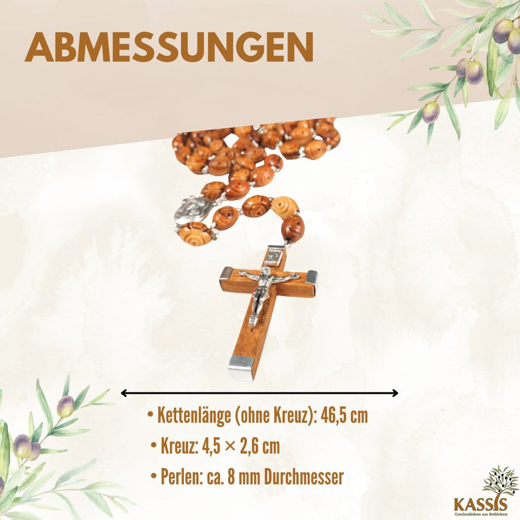 Rosenkranz aus Olivenholz mit dekorierten Perlen (50 cm) | Gebetskette mit Kreuz als Geschenk zur Taufe, Kommunion & Firmung