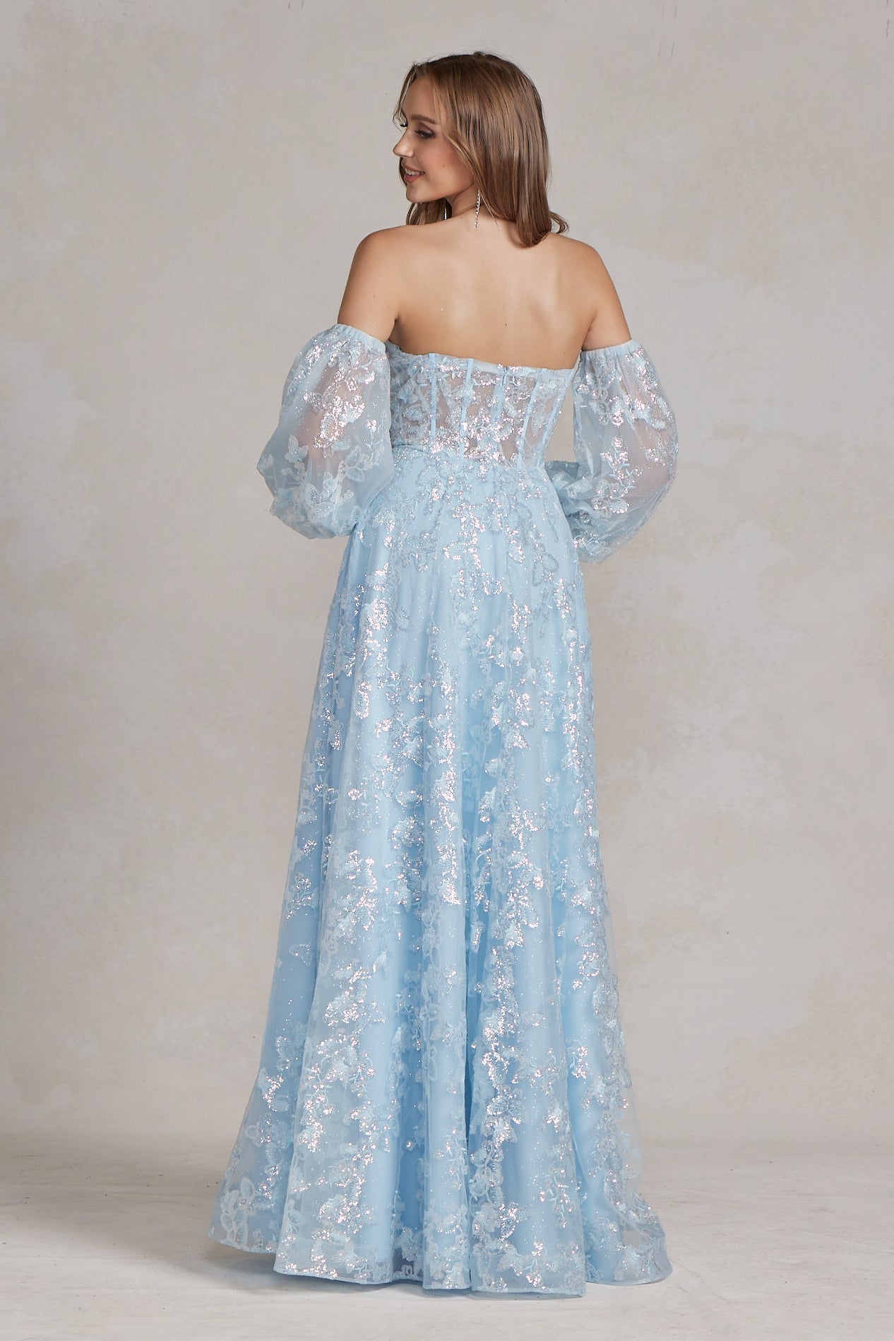 Off The Shoulder Stunning Gown w/ Sequins Embroidery & Long Puff Sleeves NXK1155