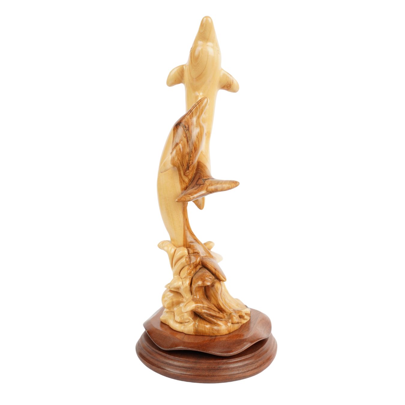 Two dolphins carved from olive wood – Hand-carved sculpture from Bethlehem (32 cm)